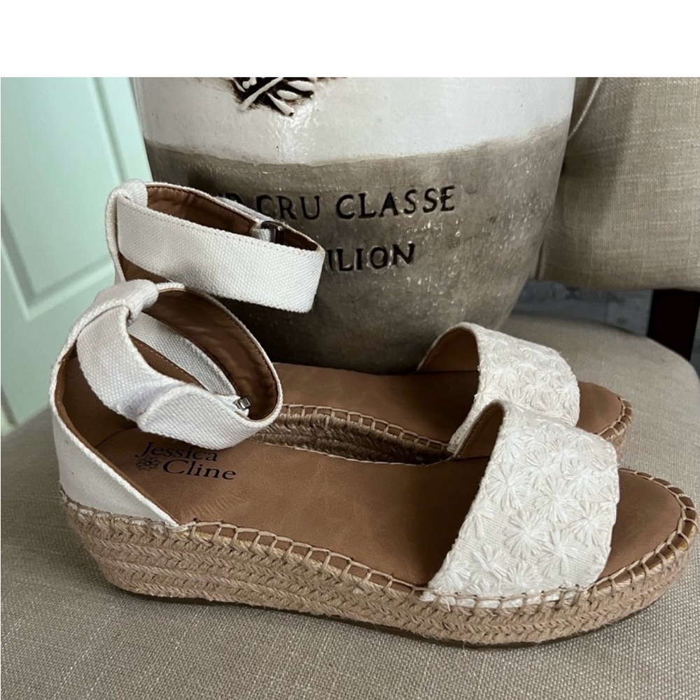Jessica Cline Cream Espadrille Wedge Sandals with Ankle Strap